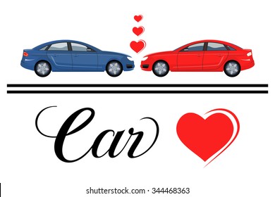 Set of two cars in love vector. Classic cool sticker on a car. Isolated vector over white background.
