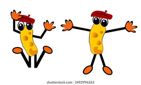 A set of two cartoon cheering cheese with French berets. Isolated on a white background.