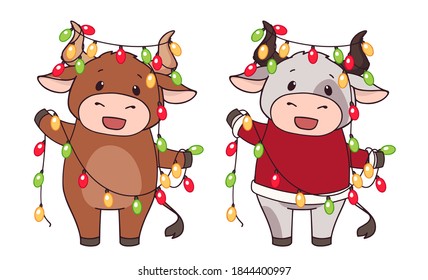 Set of two cartoon cow wearing Christmas costume and holding garland. Hand drawn vector illustration for greeting cards. 