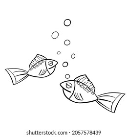 set of two cartoon doodle fishes and bubbles. Vector illustration