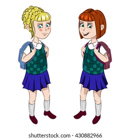 A set of two cartoon girls schoolgirls in uniform.