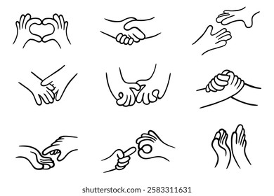 Set of two cartoon hand in different gestures in monochrome outline style. Collection design elements for business communication, care, love. Funny vector illustration.