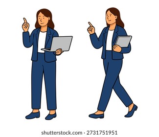 Set of two cartoon illustrations showing a confident businesswoman with long brown hair and a laptop. One pose is static, the other walking — both with expressive gestures. Ideal for marketing, entrepreneurship, or corporate-themed visuals.
