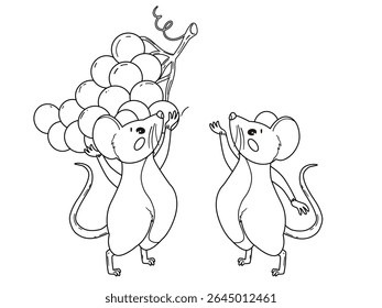 Set of two cartoon mice, one carrying a big bunch of grapes, the other reaching for it. The mouse has a round body, small ears and a long tail. The grapes are large and clustered in bunches. For