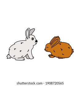 A set of two cartoon outline hares or rabbits. Side isolated view on white background. The animals are smiling, one of them closed his eyes. One character is white gray, the second is brown