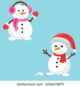 Set of two cartoon snowmen on sky blue background.