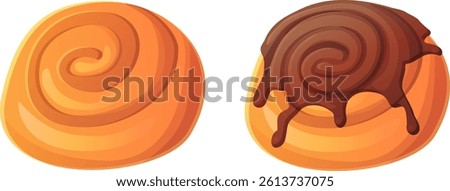 Set of two cartoon-style cinnamon rolls, one plain and one topped with dripping chocolate glaze. Tasty pastry elements isolated on white background, perfect for food-themed designs and bakery-related