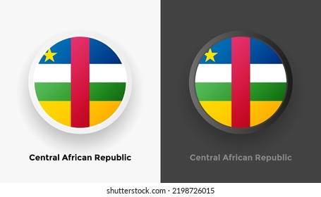 Conjunto de dos botones de la bandera de la República Centroafricana con fondo en blanco y negro. Resumen de botones brillantes redondeados metálicos con bandera nacional