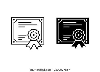 A set of two certificate icons, one in a simple line style and the other in a solid glyph style. Perfect for representing awards, diplomas, and achievements.