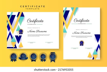 Set of two certificate template with A4 portrait and landscape size for diploma certificate, business award. Colorful geometric border background for certificate, social media, business card design