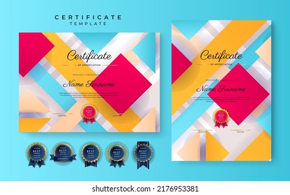 Set of two certificate template with A4 portrait and landscape size for diploma certificate, business award. Colorful geometric border background for certificate, social media, business card design