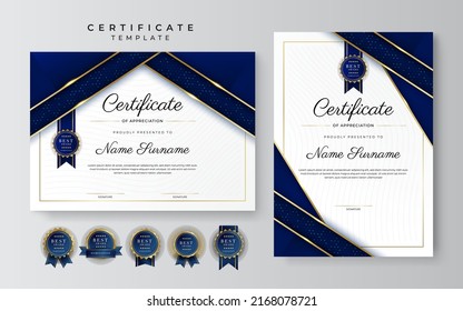 Set of two certificate template with portrait and landscape design. Certificate of achievement border with luxury golden badge and modern line pattern. For award, business, and education needs