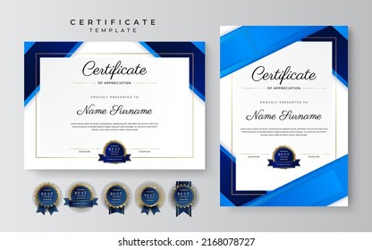 Set of two certificate template with portrait and landscape design. Certificate of achievement border with luxury golden badge and modern line pattern. For award, business, and education needs