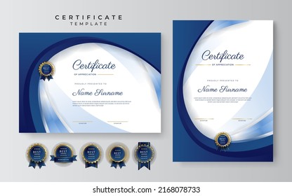 Set of two certificate template with portrait and landscape design. Certificate of achievement border with luxury golden badge and modern line pattern. For award, business, and education needs