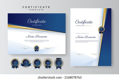 Set of two certificate template with portrait and landscape design. Certificate of achievement border with luxury golden badge and modern line pattern. For award, business, and education needs