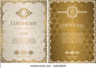 Set of two certificates in different colors. Vintage frame on a seamless floral background         