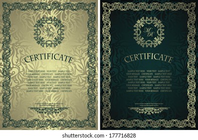 Set of two certificates. Vintage frame on a seamless floral background         