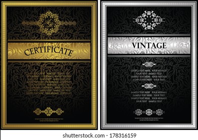 Set of two certificates. Vintage frame on a seamless background. Floral design. Can be used as diploma    