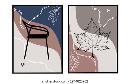 Set two of chair and leafs wall art. Minimalist wall decor. Scandinavian wall decorations.