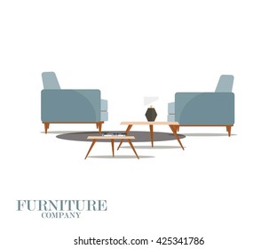 set of two chairs with tables and lamp. Furniture company. Color blue
