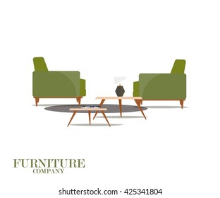 set of two chairs with tables and lamp. Furniture company. Color green