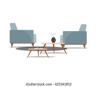 set of two chairs with tables and lamp. Color blue