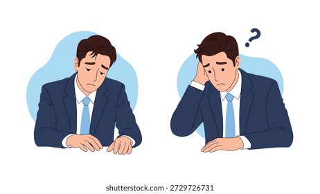 Set of two character illustrations showing a businessman in a suit feeling depressed stressed and confused with a question mark.