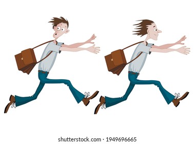 Set of two characters with opposite emotions; first man is running fast with bag scared with something, he is looking back and second one is running fast with bag towards something or someone, happy.