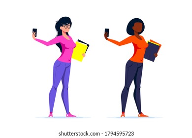 Set of two characters. Young caucasian or african american student woman making selfie with smartphone. Flat style vector illustration.