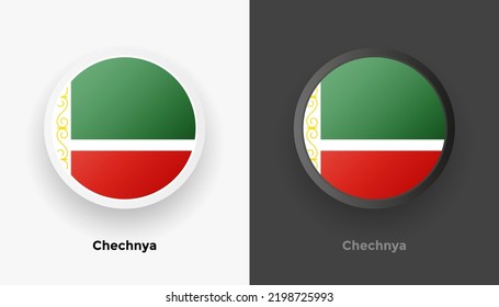 Set of two Chechnya flag buttons in black and white background. Abstract shiny metallic rounded buttons with national country flag