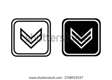 A set of two chevron down arrow icons in a square frame, one in black and white outline, the other in solid black. Ideal for user interface design, navigation, or indicating direction in flat design projects.