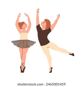 A set of two children ballet dancers, one on pointe shoes and another in a dynamic stance. This vector illustration captures the joy and discipline of ballet.