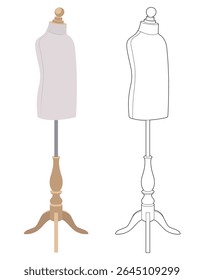 Set of two children's tailor dress forms: black line art, and realistic vector style. Child mannequins for sewing and fashion design, isolated on white background.