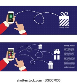 Set of two christmas banners, santa hands sending gifts online through mobile phone.