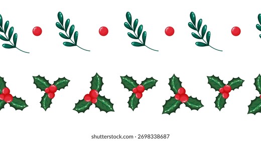 Conjunto de duas bordas de Natal com folhas de Holly e bagas