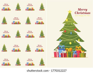 set of two Christmas cards, decorated Christmas tree with garlands, toys and balls, Christmas gifts and boxes
