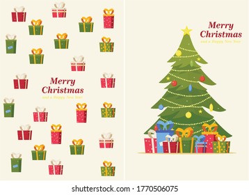 set of two Christmas cards, decorated Christmas tree with garlands, toys and balls, Christmas gifts and boxes