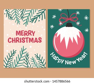 Set of two Christmas cards. Vector template with lettering, pines branches,  snow and ornaments.
