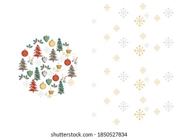 Satz von zwei Weihnachtskarten, Vektorgrafik von Weihnachtsbaum, Spielzeug, Geschenken und Kranz