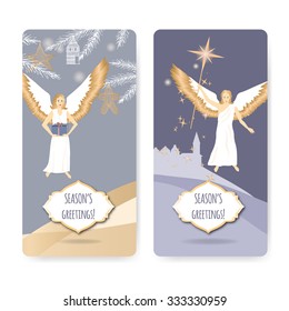 Set of two Christmas greeting cards with angels holding present and Bethlehem star. Based on hand drawn sketch. Great for holiday design.