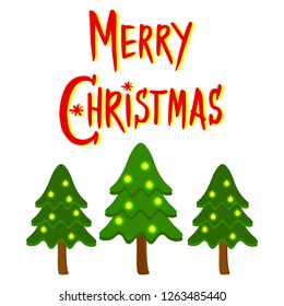 Set of two Christmas New Year fir trees decorated with shining bright yellow lights. Merry Christmas modern brush handwritten lettering. Flat style vector illustration isolated on white background