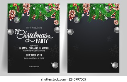 Set of two Christmas Party template or flyer design decorated with pine leaves, holly berries and baubles.