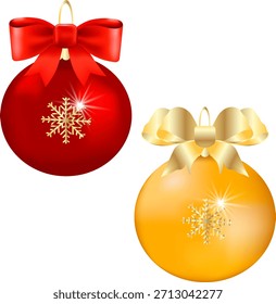 Un conjunto de dos bolas de árbol de Navidad, rojo y amarillo