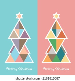 Set of two Christmas tree designs from geometric shapes in pale contemporary shades with white outline for Xmas card or labels. 