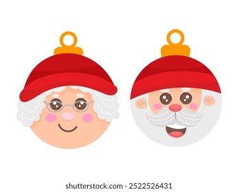 Set of two Christmas tree toys for Christmas tree decorations. Santa Claus and Mrs. Claus illustration flat