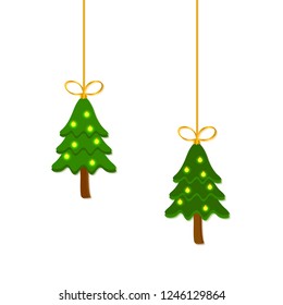 Set of two Christmas trees decorated with shining bright yellow lights. New Year tree decorations. Flat style vector illustration isolated on white background