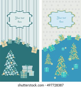 Set of two Christmas/New Year cards. Vector illustration with Christmas tree and gifts and place for text