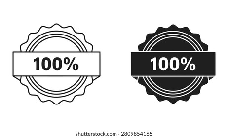 A set of two circular badge icons featuring a one hundred percent label in both solid black and outline vector styles.
