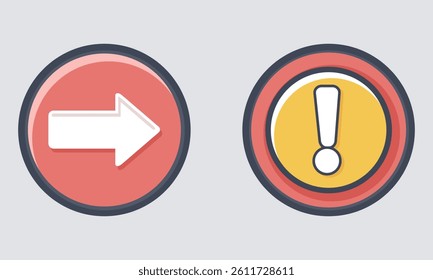 A set of two circular icons, one with a right arrow and the other with an exclamation mark, each with colorful borders and displayed on a gray background.