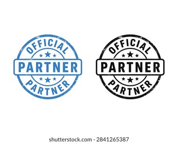 A set of two circular rubber stamp icons featuring the text Official Partner with a distressed grunge texture in blue and black colors.